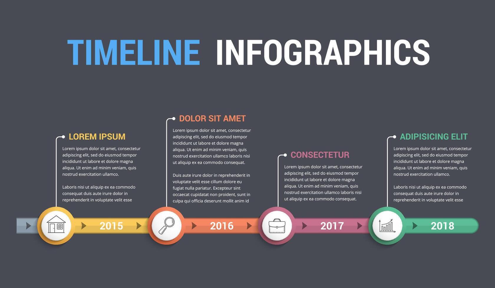 Timeline infographics template, four steps, workflow or process diagram, dark background vector
