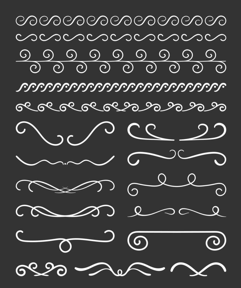Set of hand drawn calligraphic dividers and design elements, dark background vector