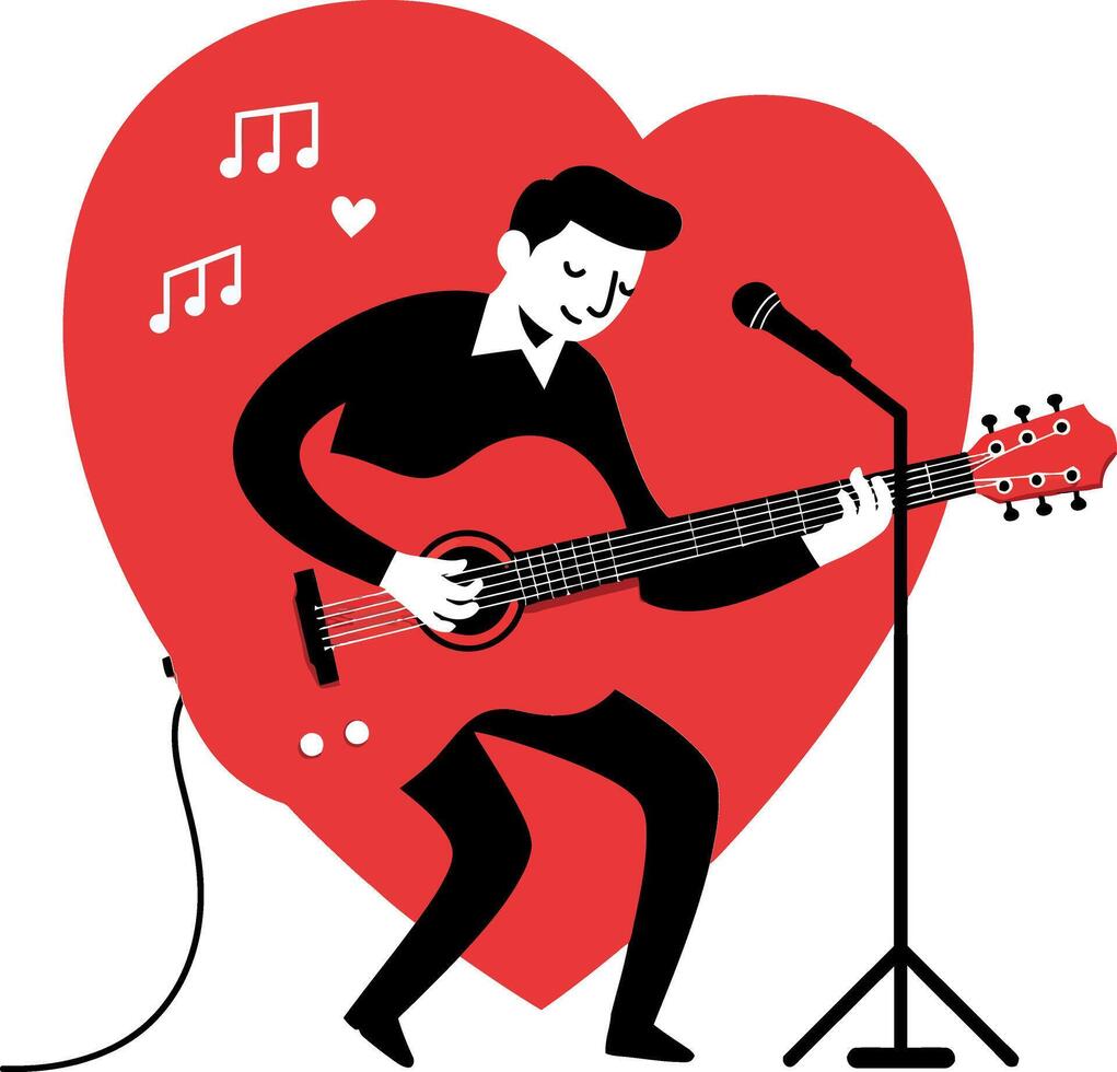 A man passionately playing guitar in front of a large heart symbol, flat art vector