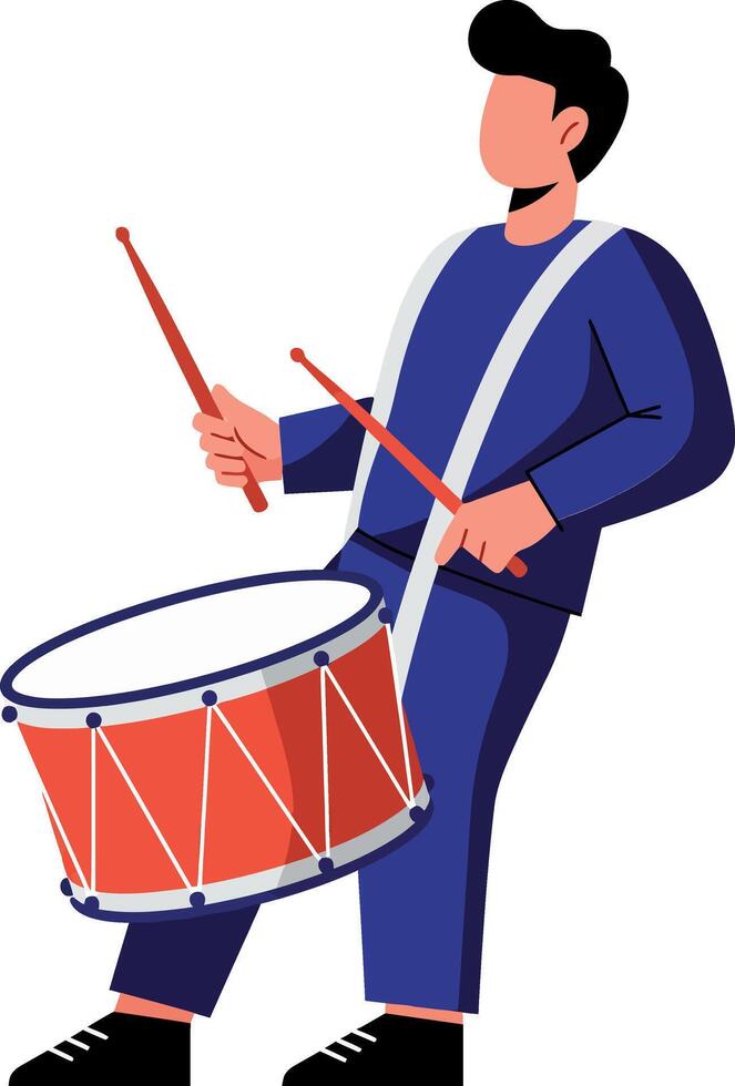 Drummer playing a red snare drum in a flat and colorful illustration vector