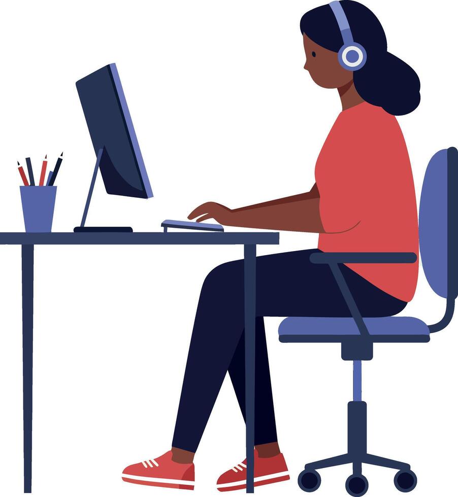 Young woman working at a desk with a computer in a flat design illustration vector