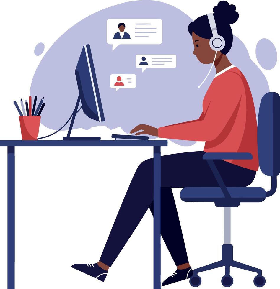 A woman working at a desk with a computer, wearing headphones, in a flat illustration vector