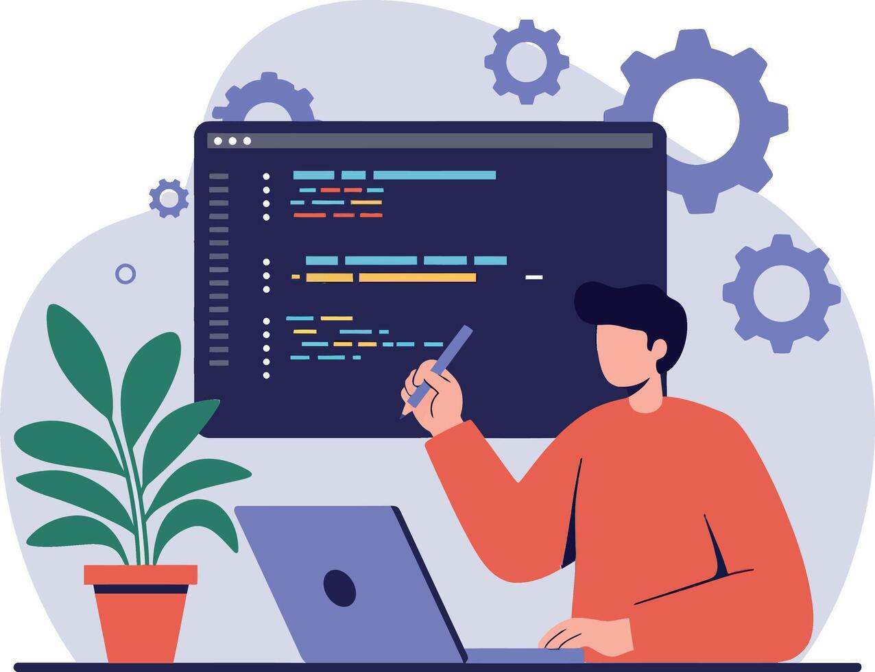 Young man coding on a laptop with a plant nearby in a flat illustration vector