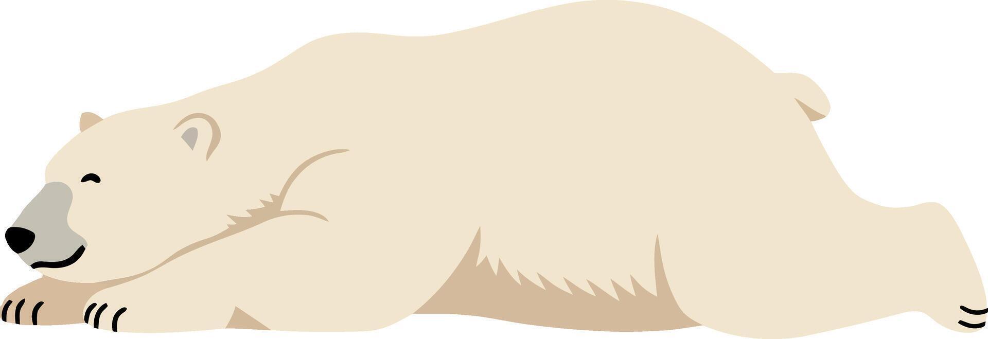 A playful polar bear stretching lazily on a snowy surface in flat art vector