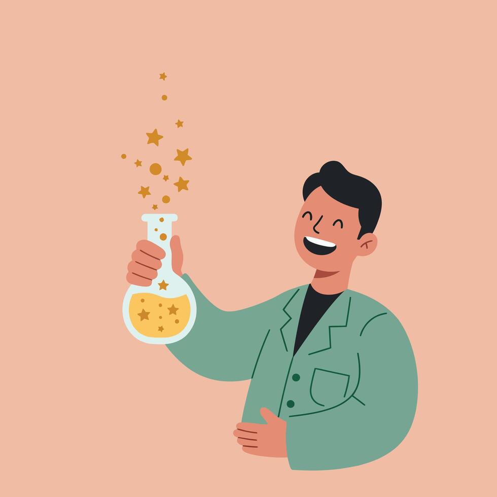 Chemist holding a glowing flask with sparkling stars in a minimal illustration vector