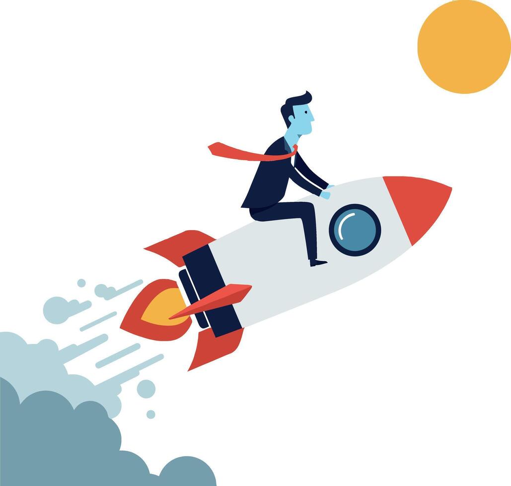 Businessman in a suit joyfully riding a rocket in a flat illustration vector