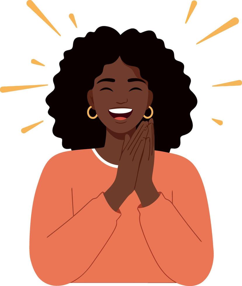 Happy woman with curly hair smiling and clapping hands in minimal art vector