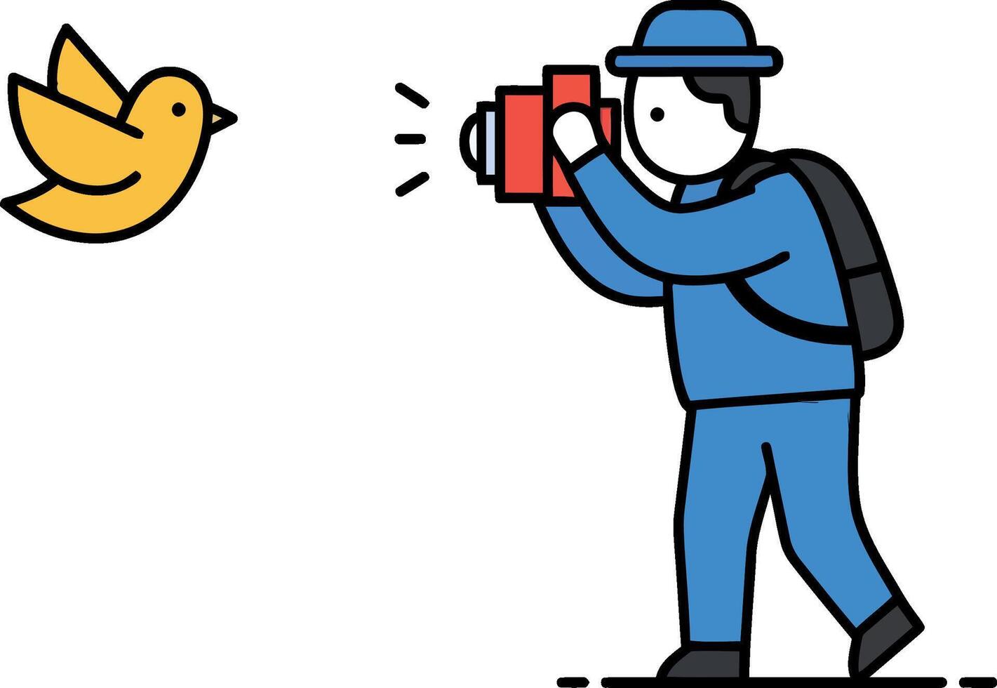 A man photographing a yellow bird in a minimalist flat illustration style vector