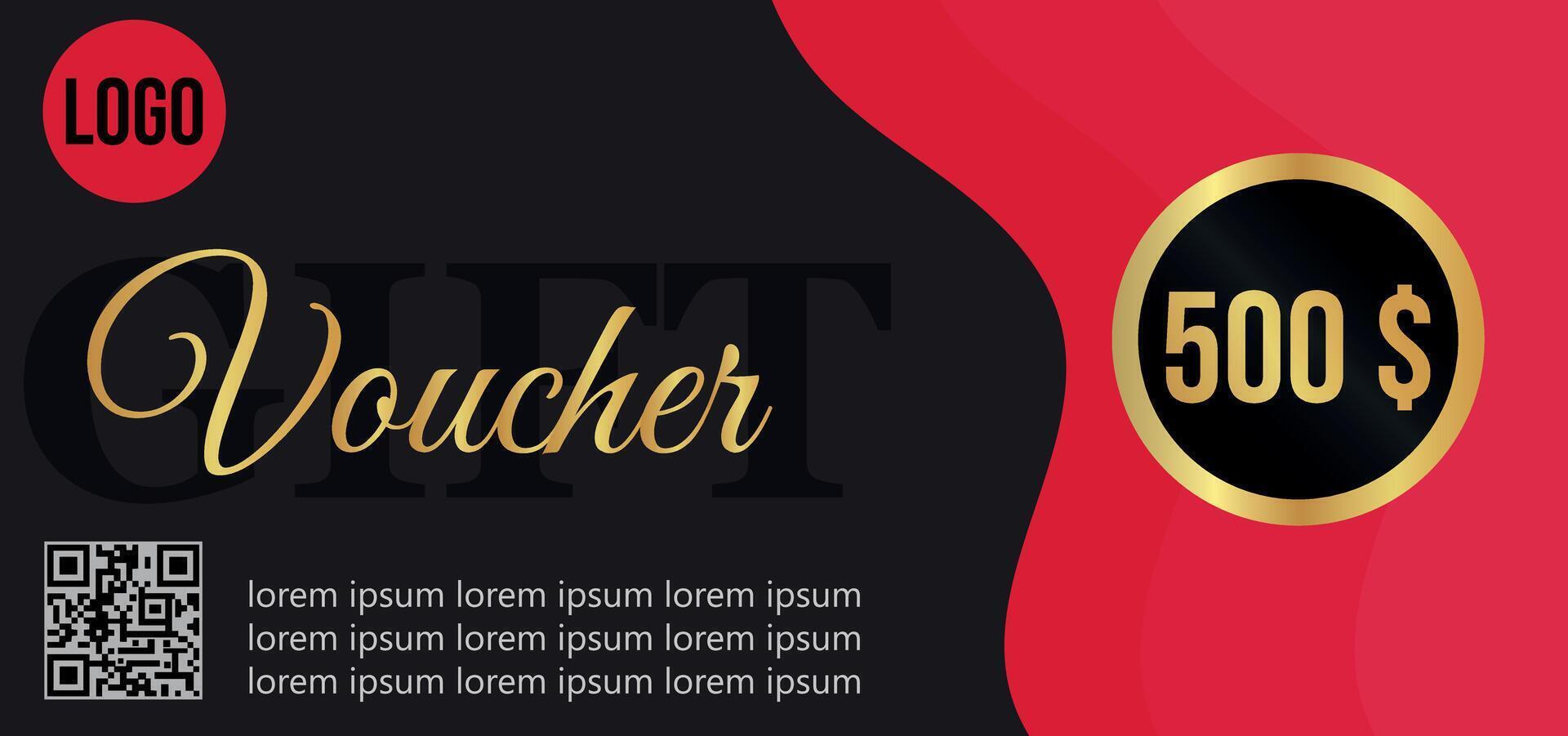 Luxury gift voucher in red, black and gold with elegant design. vector