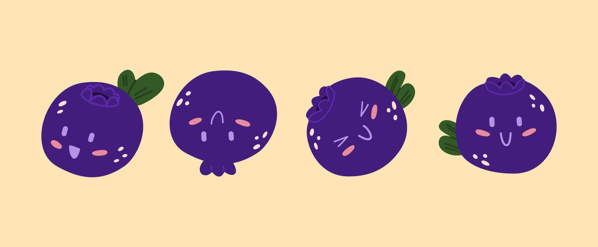 Cute kawaii blueberry. Blueberry characters are in different positions. vector