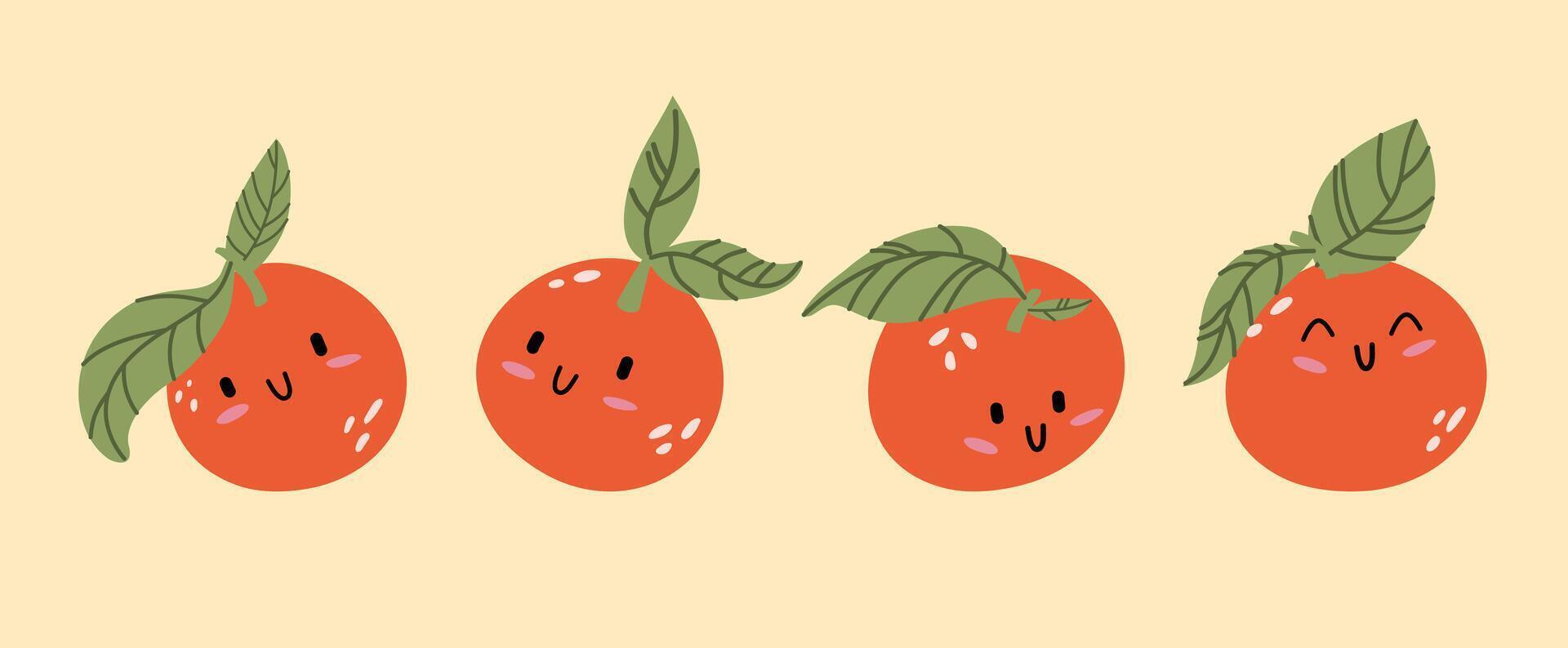 Cute kawaii orange. Oranges are characters in different positions. vector