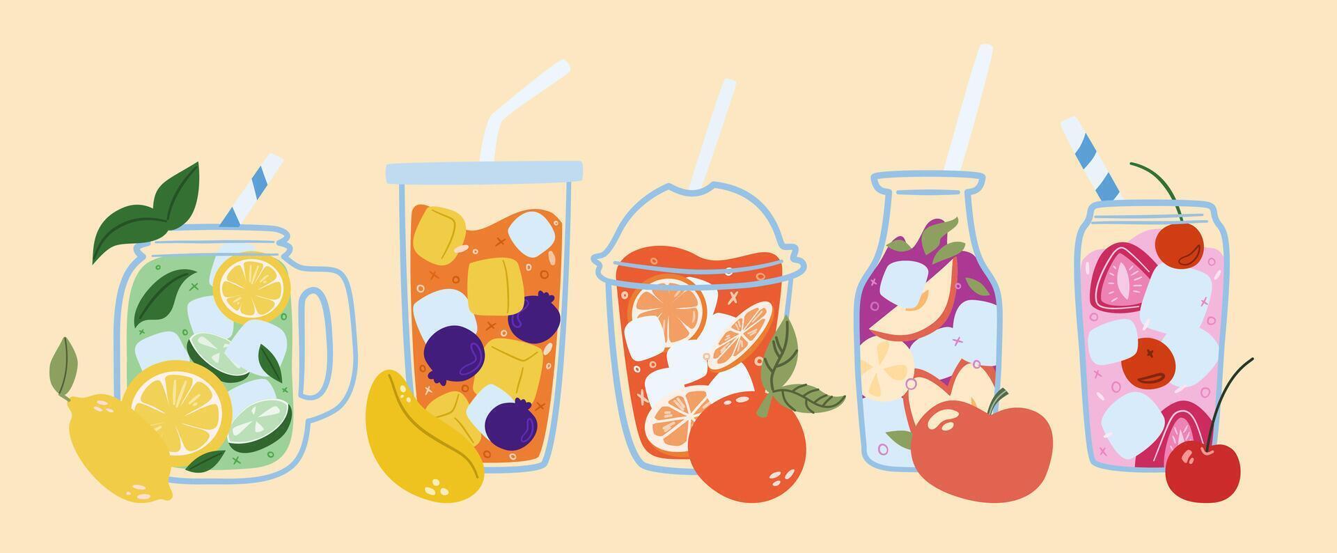Various smoothies. Smoothies and drinks in different glasses and with different fruits. Drink with mango, cherry, strawberry, apple, lemon and cucumber. vector