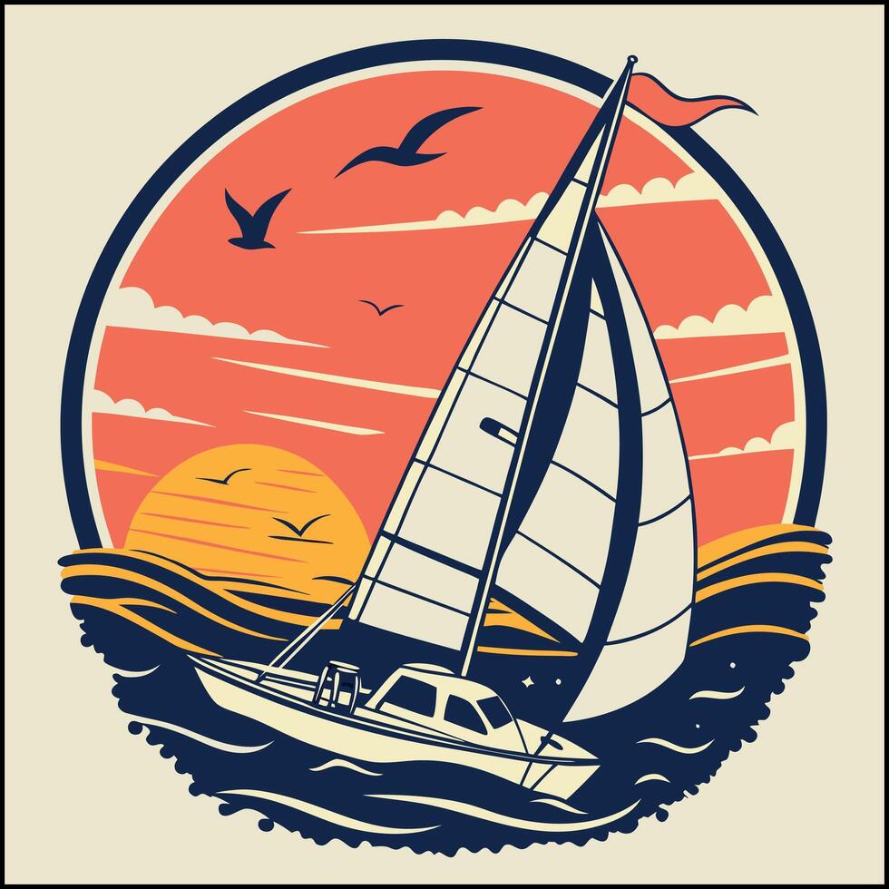 Ocean Voyage Tee - Sailboat on Waves with Sunset Graphic vector