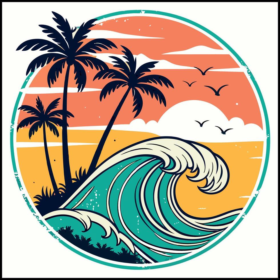 Tropical Beach Sunset T-Shirt Design with Palm Trees and Ocean Wave vector