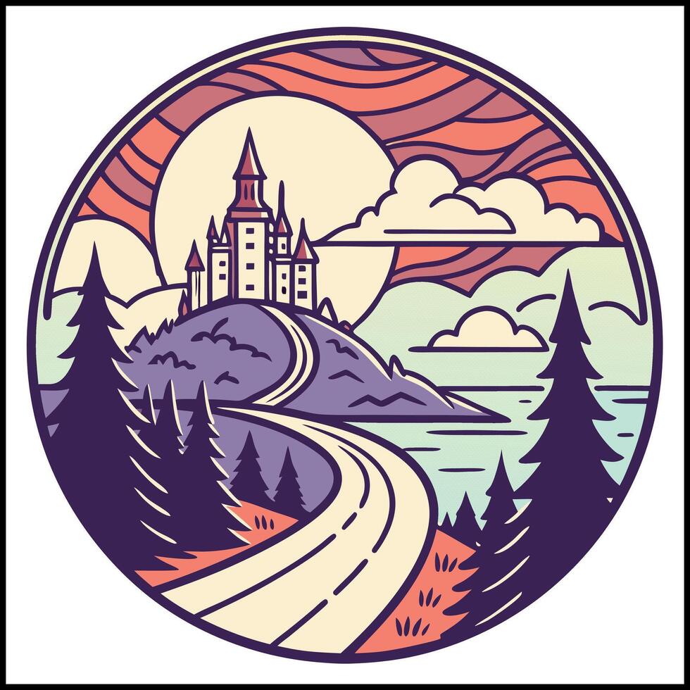 Storybook Castle T-Shirt - Fantasy Landscape with Lake and Forest Graphic vector