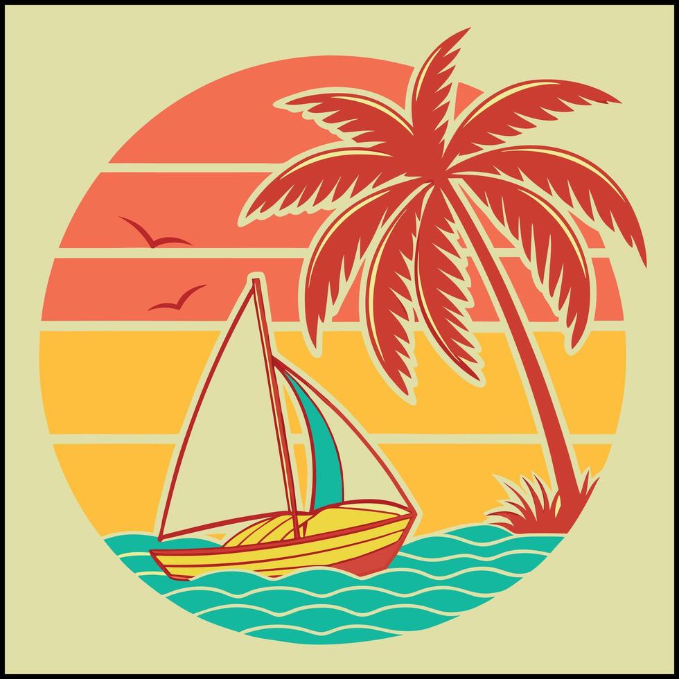 Beach Paradise T-Shirt - Sailboat, Palms, and Sunset Design vector