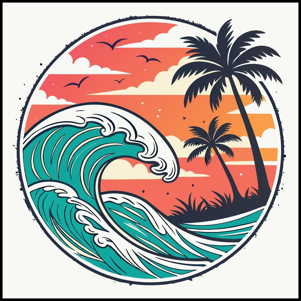 Summer Vacation Tee - Sunset Palm Tree Scene with Crashing Wave Graphic vector