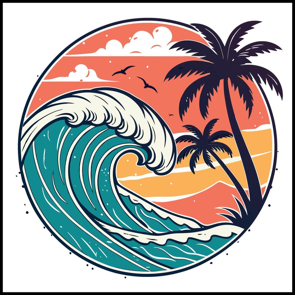 Retro Beach Sunset Tee - Tropical Island with Wave and Birds Graphic vector