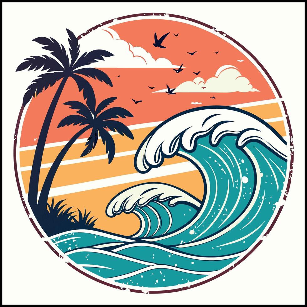 Ocean Wave and Palm Tree T-Shirt Design - Beach Paradise Illustration vector