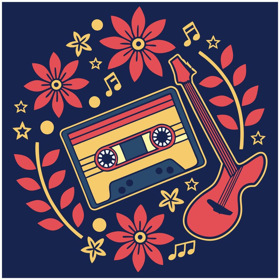 70s Music T-Shirt Design with Cassette, Guitar, and Rainbow Graphic vector