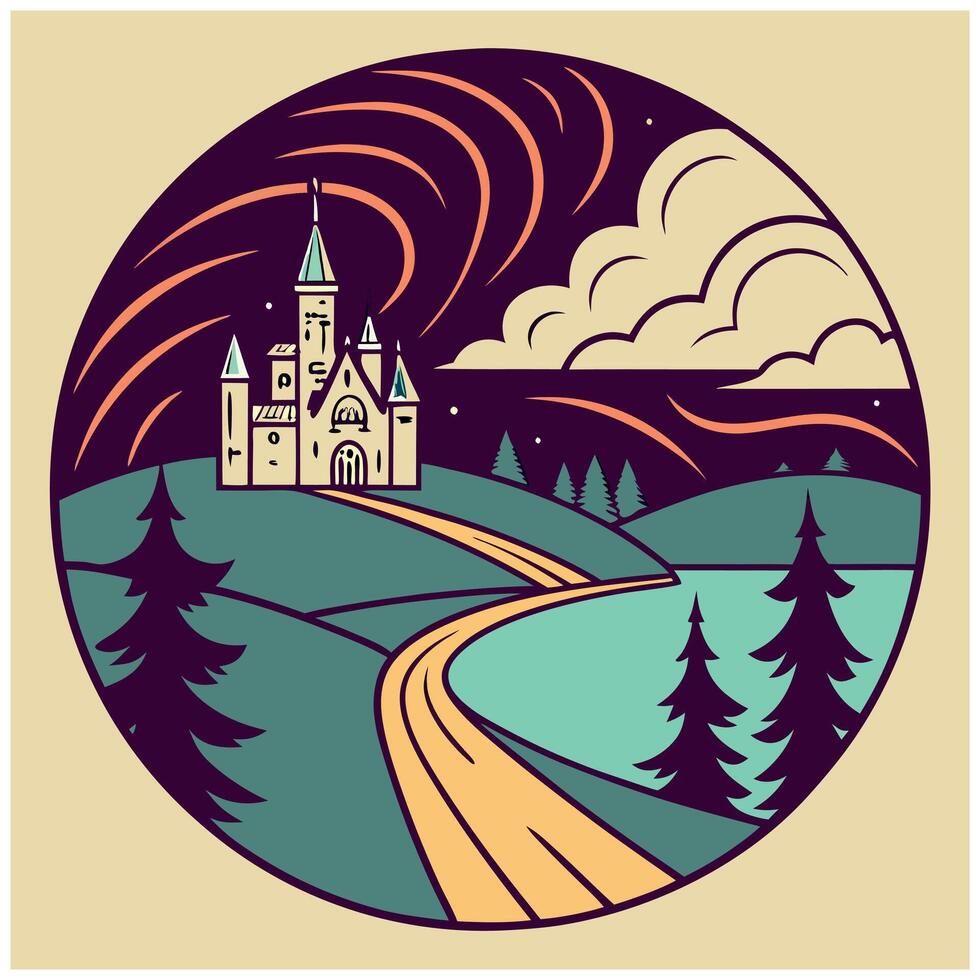 Adventure Awaits Tee - Castle, Lake, and Mountain View Art vector