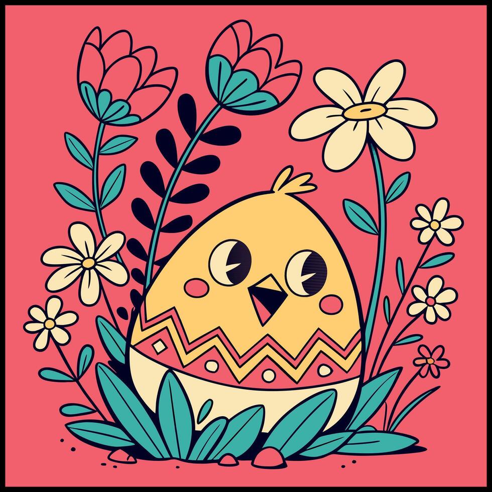Happy Easter Tee - Egg with Flowers and Cheerful Face Graphic vector
