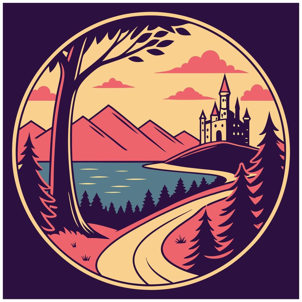 Enchanted Kingdom Tee - Castle, Lake, and Mountain Scene Graphic vector