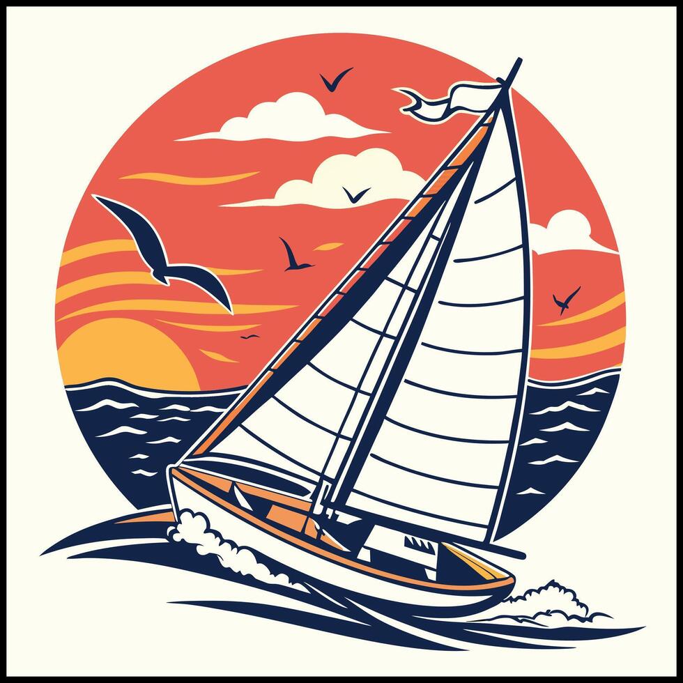 Nautical Tee - Sailboat at Sunset with Ocean Waves Illustration vector