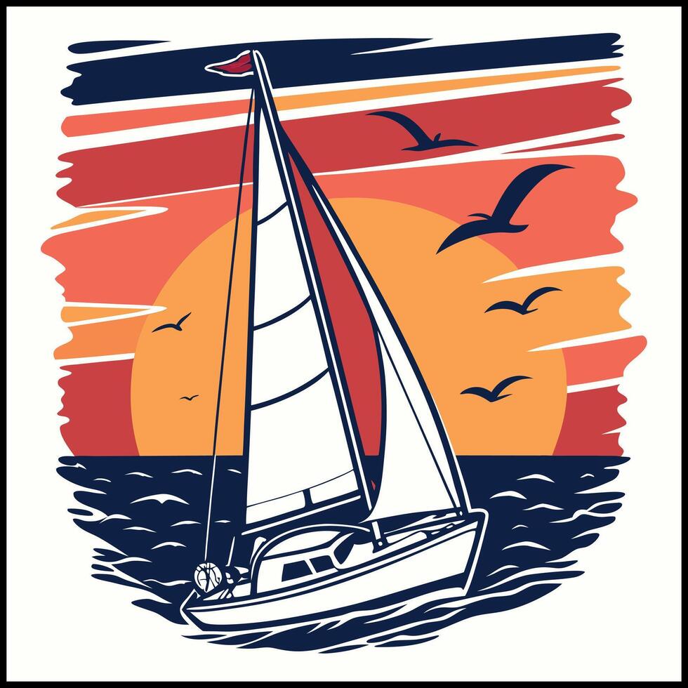 Sailboat T-Shirt Design with Sunset and Ocean Wave Graphic vector