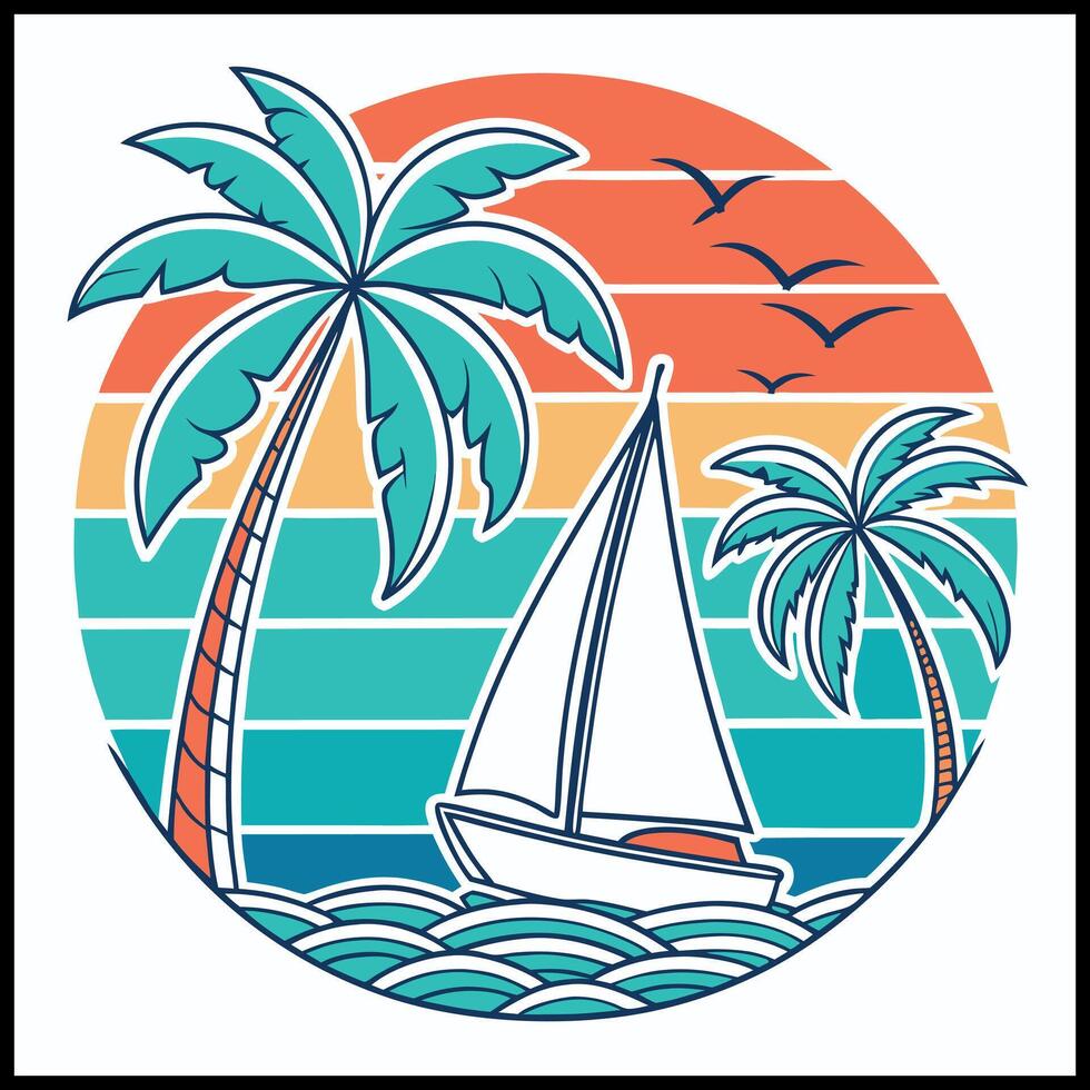 Island Getaway T-Shirt - Sailboat, Palms, and Sunset Scene Design vector