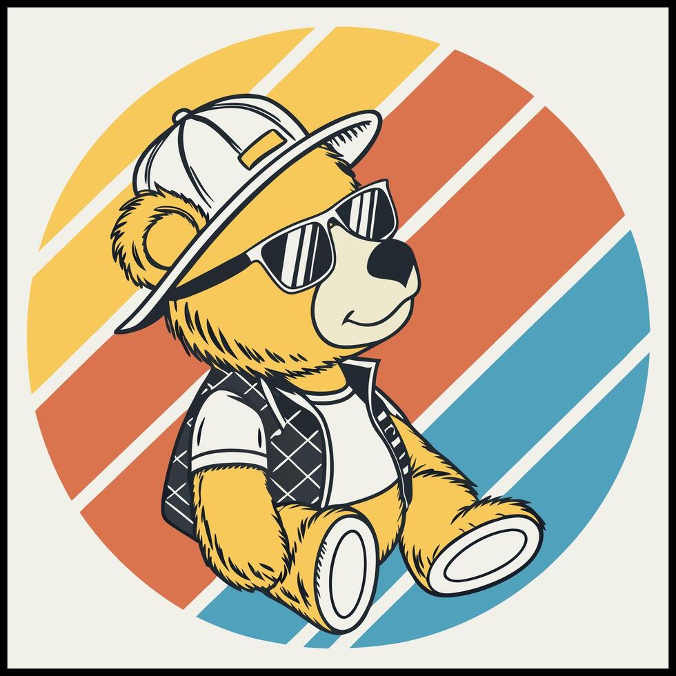 Cool Bear T-Shirt Design with Retro Stripes, Cap, and Sunglasses Graphic vector