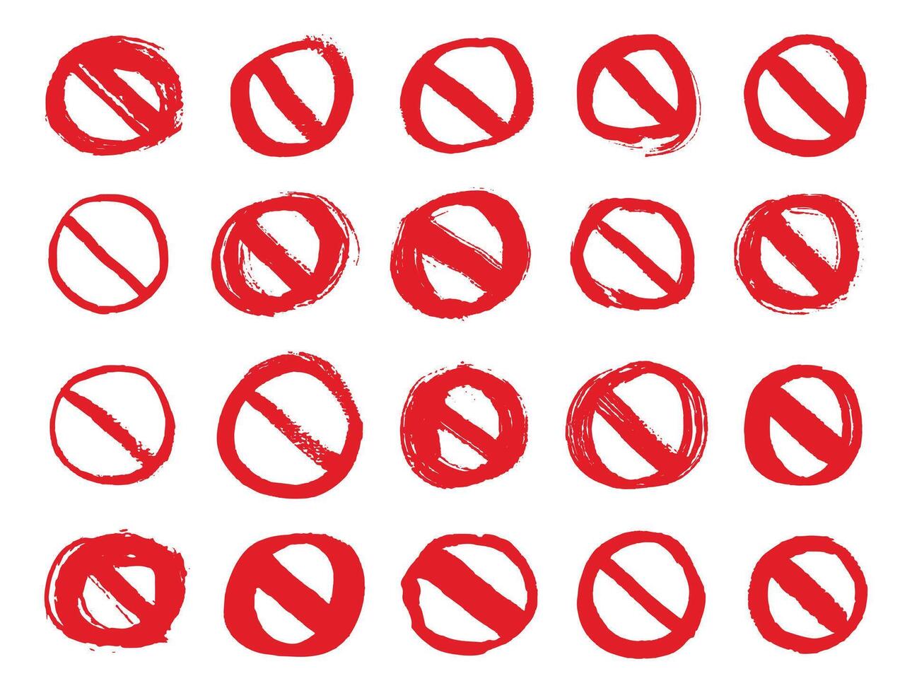 Red prohibition icon set with brush strokes texture. vector