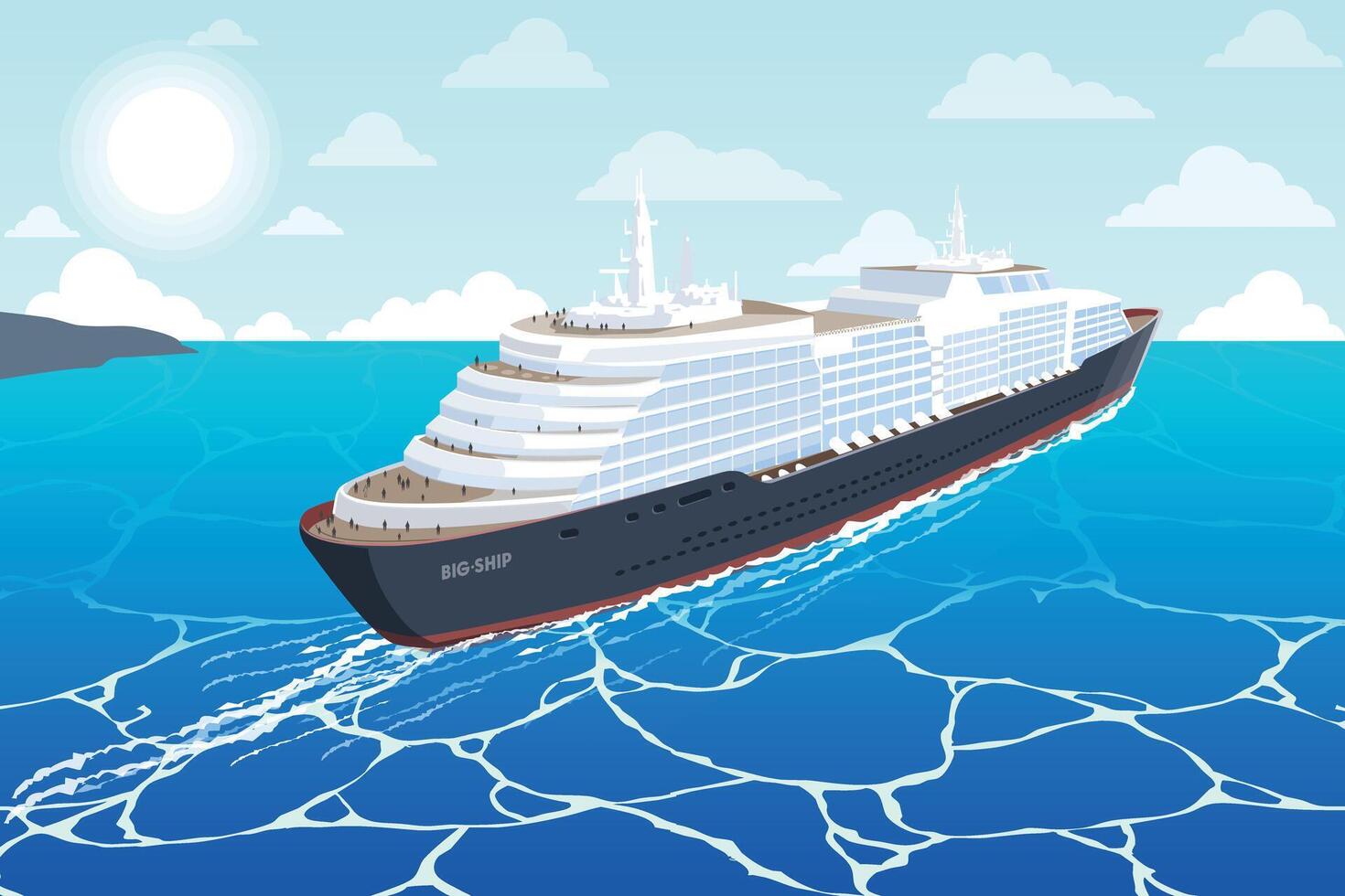 Large cruise ship sailing on blue ocean waves. A white luxury cruise ship moving across the ocean, with a blue sky and bright sun in the background. A concept of travel, vacation, and tourism. vector