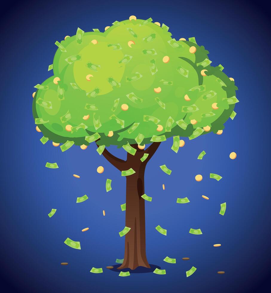 Money tree with cash falling from branches. An illustrated tree with money growing instead of leaves, and cash bills falling to the ground. A financial growth and wealth concept in digital art. vector