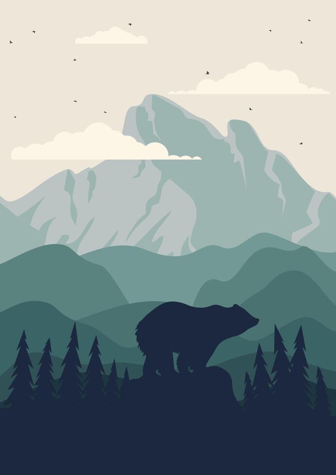 View on spring mountain range poster print. Aesthetic springtime forest landscape. Grizzly bear on the cliff vector