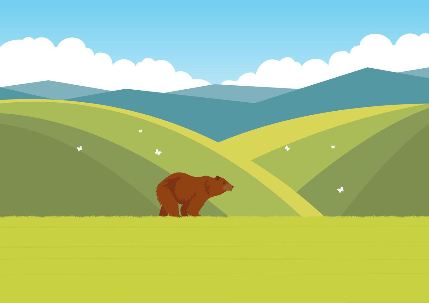 Aesthetic summer field and grizzly bear. Wildlife animals in nature. Grizzly bear walking in the spring vector