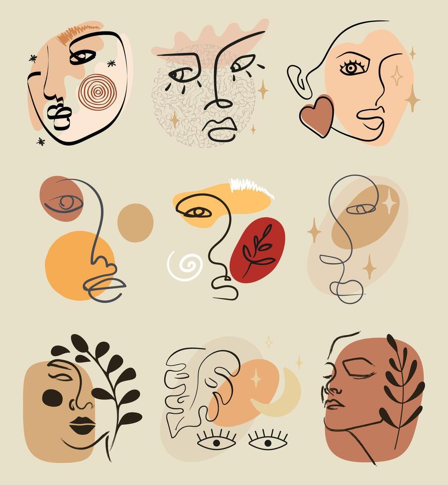 Aesthetic fashion illustration with beautiful ink female faces. Woman concept art for print, logo, badge, sticker vector