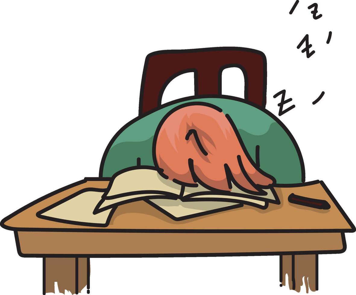 Student Sleeping While Reading, A Cute Moment of Exhaustion and Study, Blurring the Line Between Learning and Rest vector