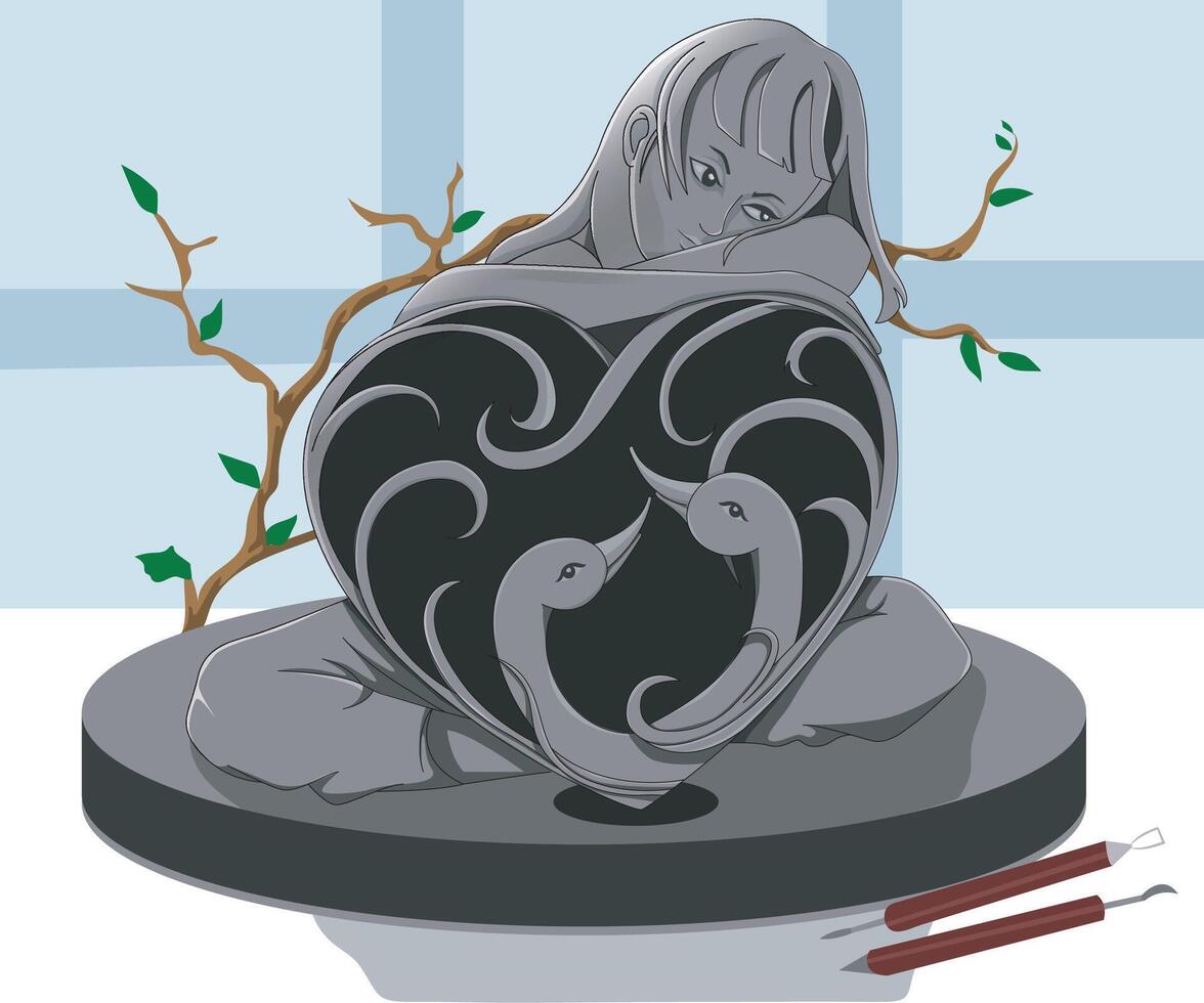 sculpture craft of serene sitting girl with a heart, engraved with two swans, resting her face on her hands vector