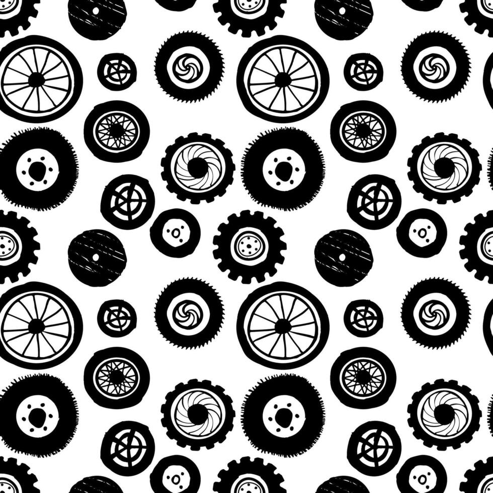 Automobile car tire parts seamless pattern with monochrome black and white elements background. vector