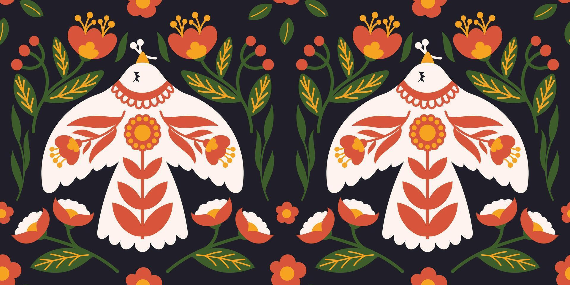 Folk Art Seamless Pattern with Stylized Birds and Floral Elements in Traditional Scandinavian Style on Dark Background vector