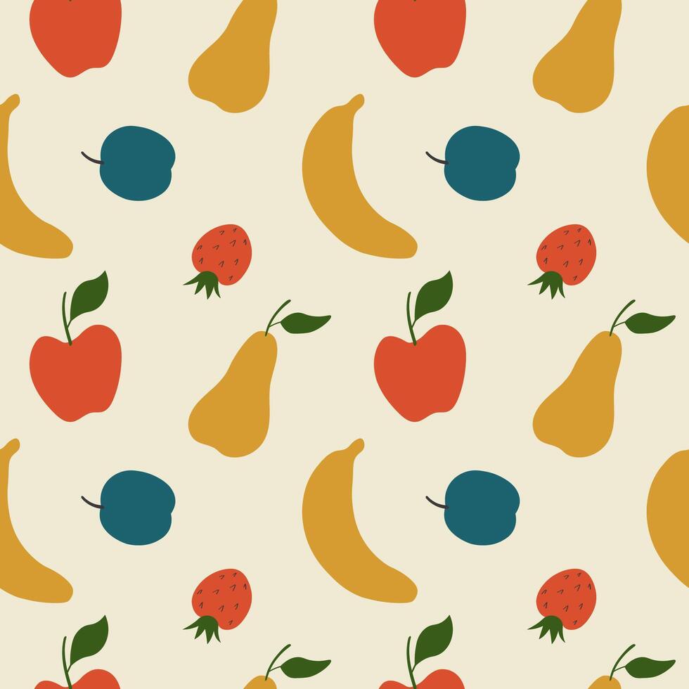 Fruits seamless pattern with pear, apple, banana, plum, strawberry. Repeating background with fruity harvest. Vegetarian food, ingredients, farm, garden, market vector
