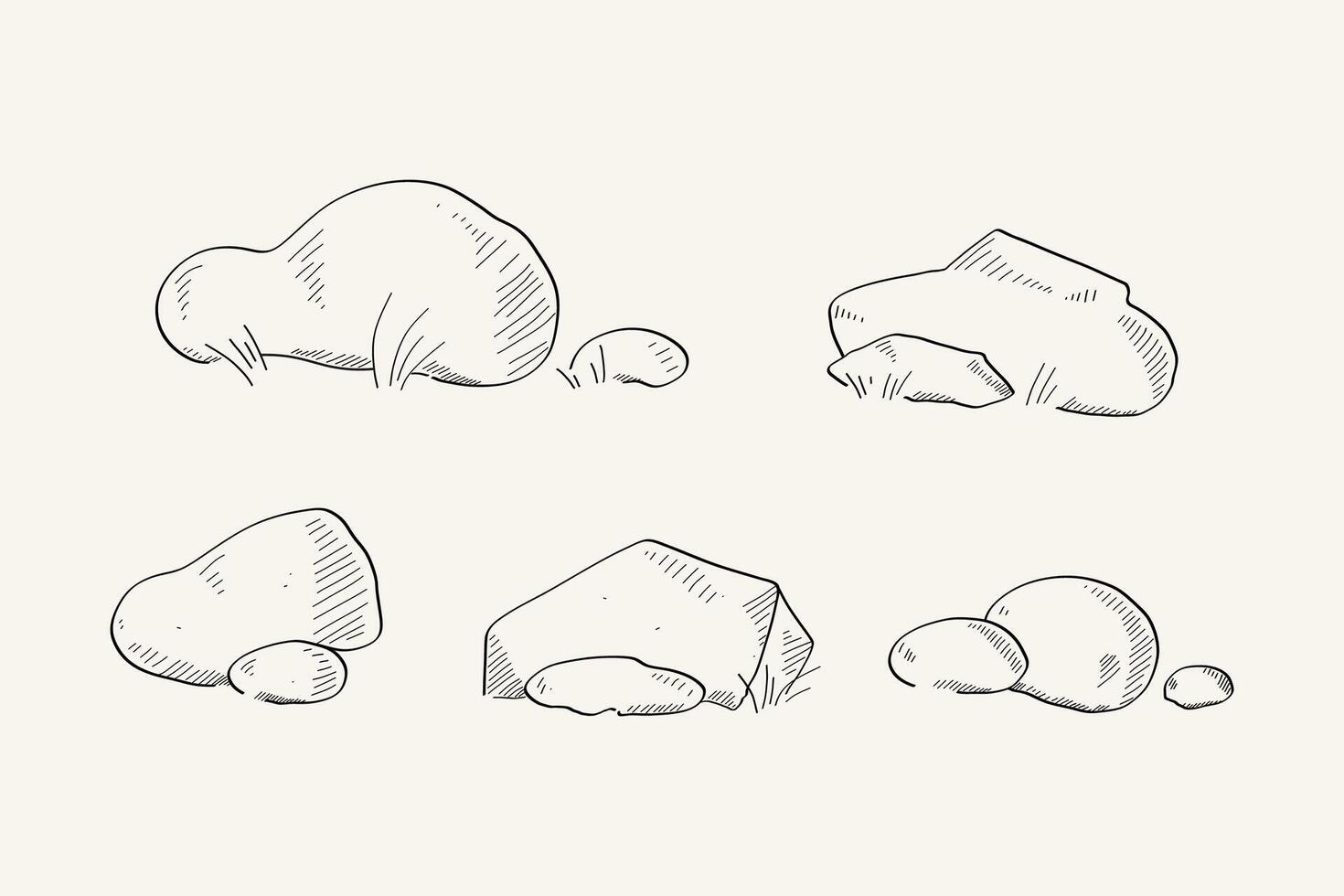 Stones cobblestones and grass on isolated background. Hand drawn set with rock in line art style. Nature, forest, landscape. Design for card, print, paper, logo, sign, decor vector