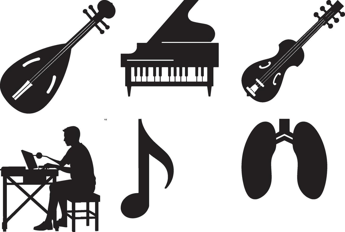 Black silhouettes of musical instruments piano violin and a musician playing art notes grand sound vector