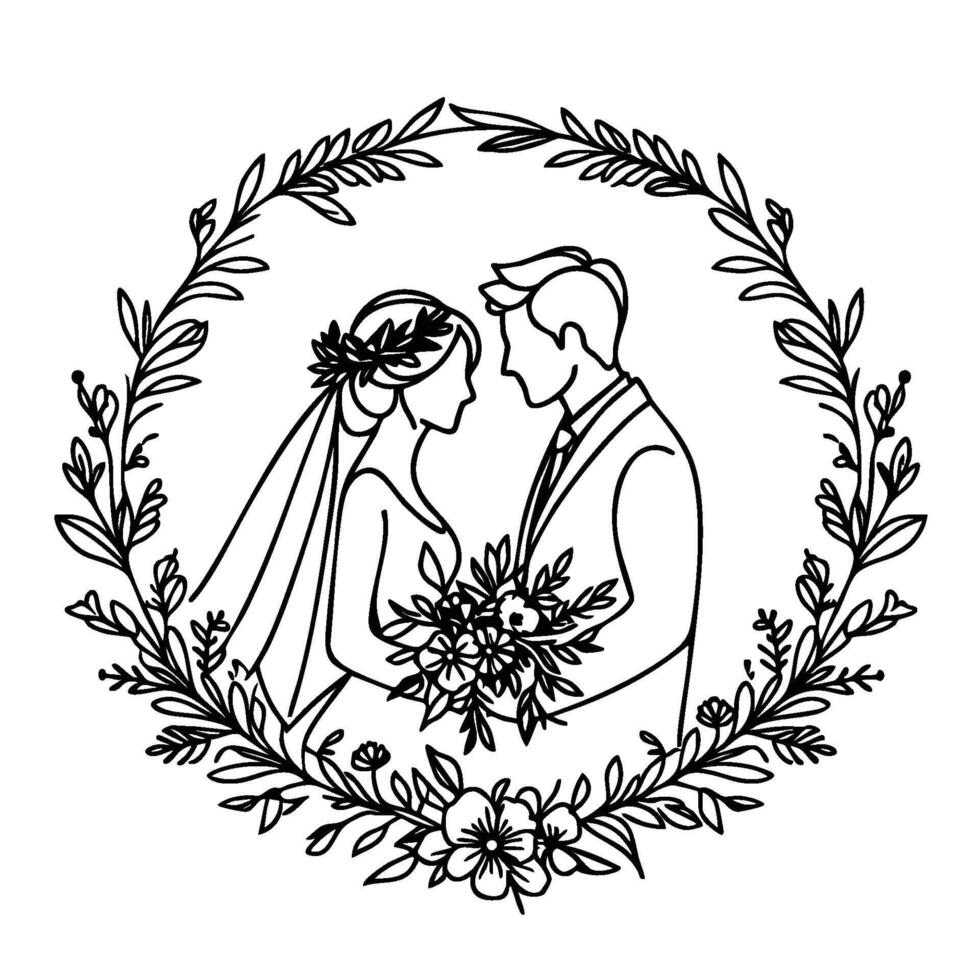 Wedding Line Art of a Bride and Groom in a Wreath vector