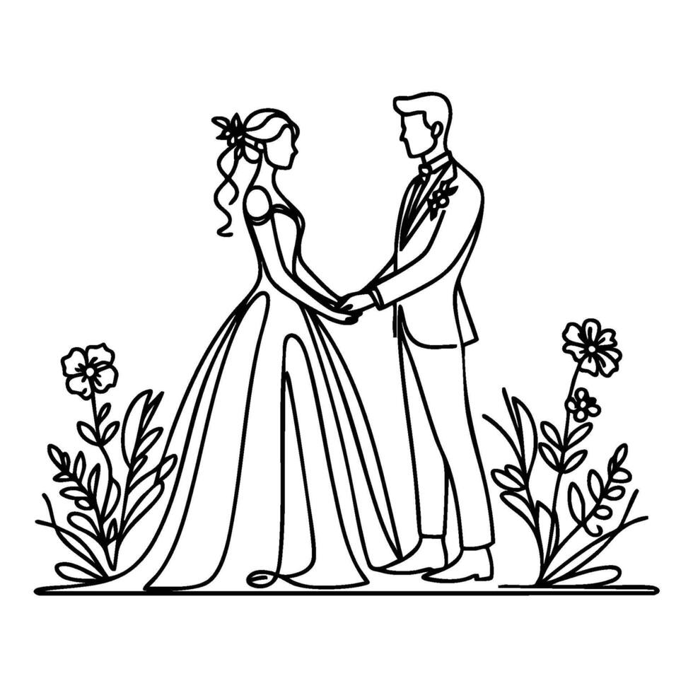 Beautiful Line Art of a Bride and Groom Holding Hands vector