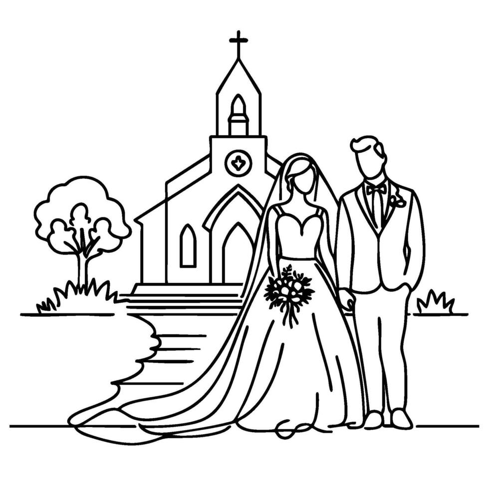 Wedding Line Art of a Bride and Groom Standing in Front of a Church vector