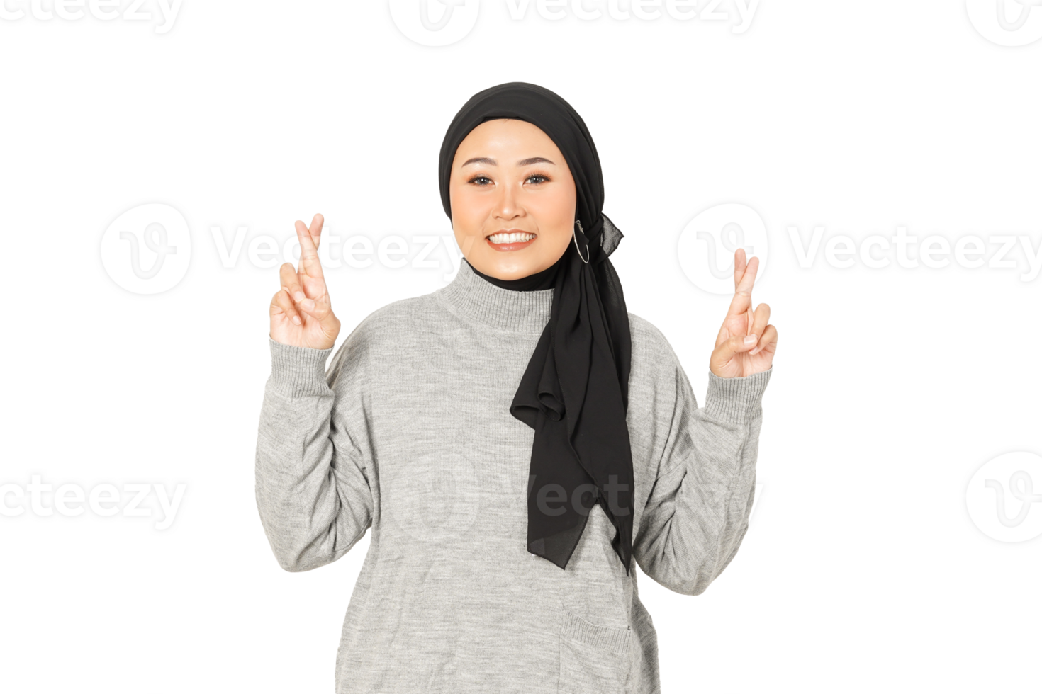A woman in a hijab is making a peace sign png