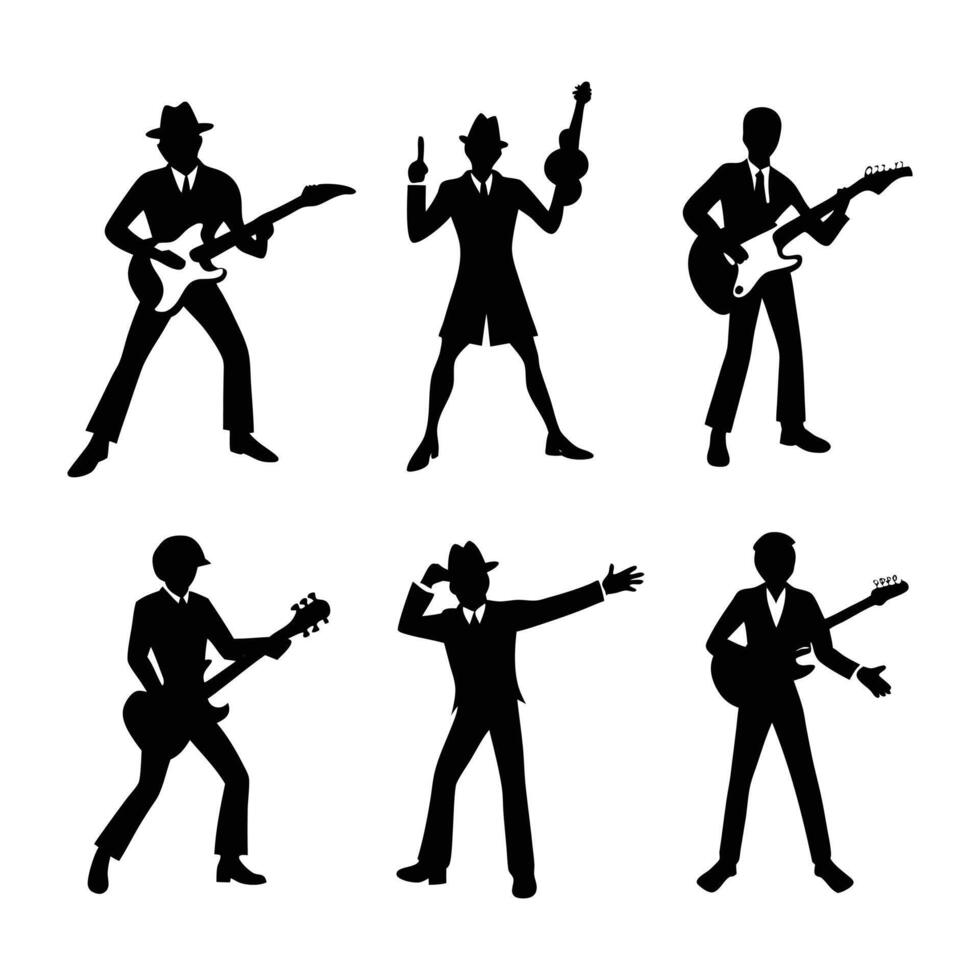 guitarist set icons black silhouette vector