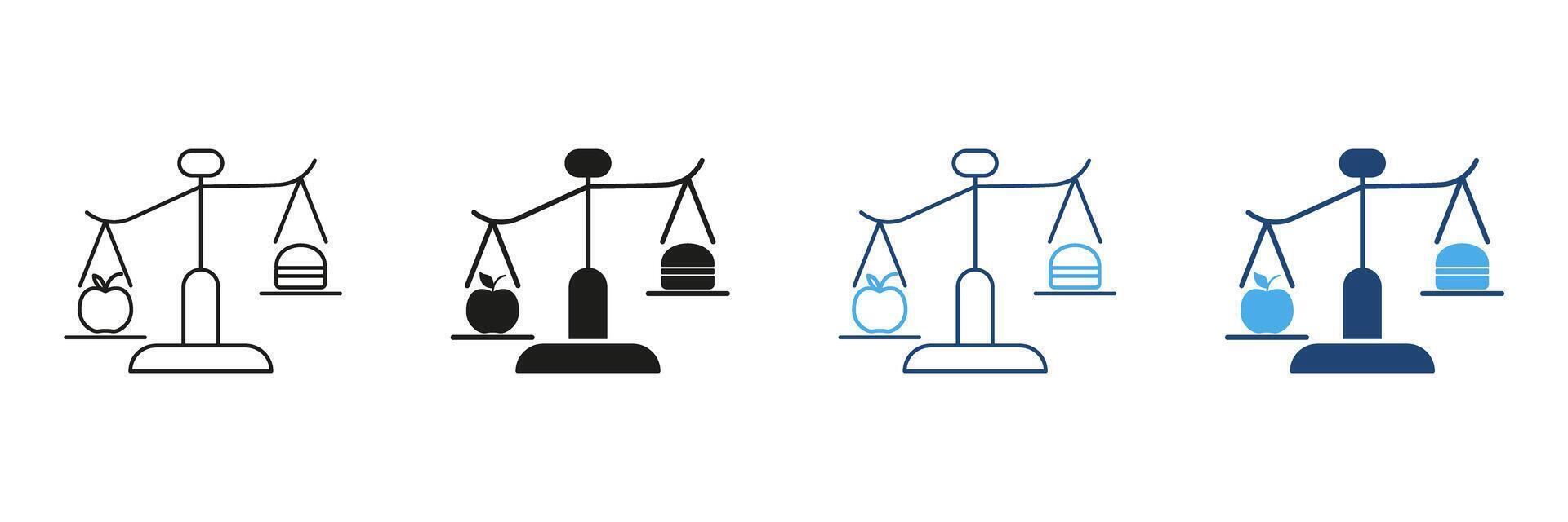 Weight Scale Line and Silhouette Icon Set with Balancing Apple And Burger Symbol of Healthy Eating Versus Unhealthy Diet. Editable Stroke. Isolated Illustration vector